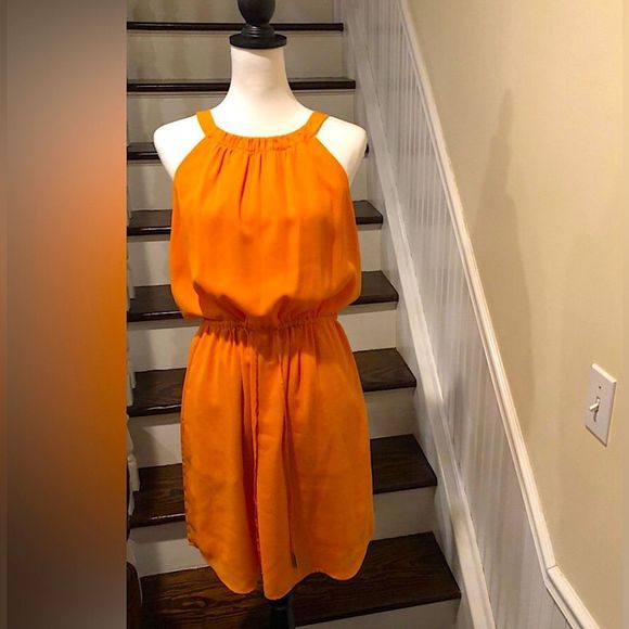 BANANA REPUBLIC Tangerine Sleeveless Cinched Waist Flowy Midi Dress NWOT Size 10 - Picture 4 of 15